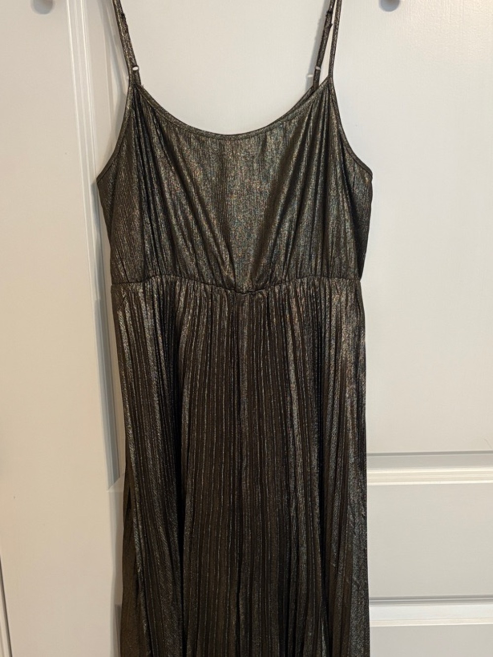 NWOT Lucky Brand Metallic Olive Green Pleated Maxi Slip Dress